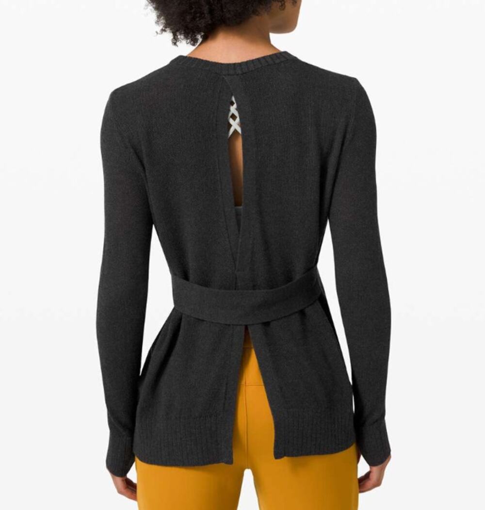 Lululemon Sincerely Yours Sweater Small 4 Heathered Deep Coal Open Tie Back
